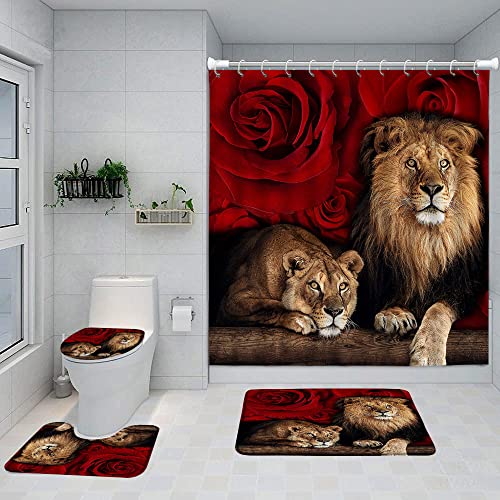 MUENKKCS 4 Pcs Red Rose Lion Shower Curtain Sets with Bath Rugs and Bath U-Shaped Mat Toilet Lid Cover Wildlife Animals Bathroom Decor Accessories