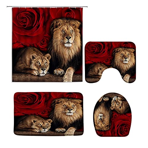 MUENKKCS 4 Pcs Red Rose Lion Shower Curtain Sets with Bath Rugs and Bath U-Shaped Mat Toilet Lid Cover Wildlife Animals Bathroom Decor Accessories