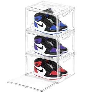 clear shoe box stackable 3 pack of fully transparent sneaker display storage box for men women, shoe boxes container with lids, shoe organizer for closet, acrylic boxes for display - large size 14.2'' x11'' x8.7''