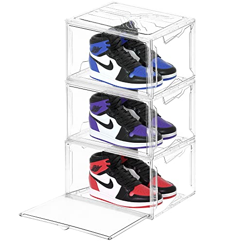 Clear Shoe Box Stackable 3 Pack of Fully Transparent Sneaker Display Storage Box for Men Women, Shoe Boxes Container with Lids, Shoe Organizer for Closet, Acrylic Boxes for Display - Large Size 14.2'' X11'' X8.7''