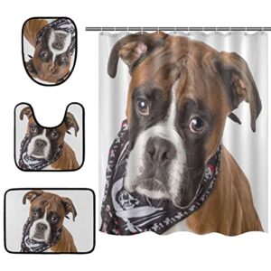 4 piece shower curtain sets with non-slip rugs, toilet lid cover and bath mat, dogs boxer handkerchief neck gray watercolor peacockshower curtain with 12 hooks durable waterproof shower curtain