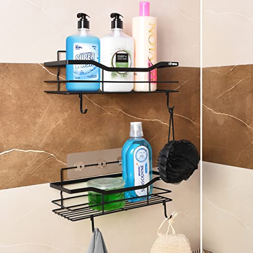 TRENDY PANDA Adhesive Shower Caddy with 4 Hooks Shower Organizer Rustproof and Stainless Steel Material, No Drilling Shower Shelf 2 Pack in Metal Black.