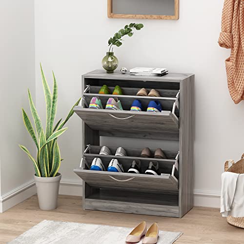 AGOTENI Shoe Cabinet with 2 Flip Drawers, Shoe Storage Organizer with 2-Tier Shelf for Entryway, Freestanding Shoe Rack Storage Organizer (Grey)