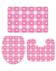 valentines day bathroom rugs sets love heart bath mats set with toilet lid cover non slip bathroom mat, u-shaped contour toilet mat, pink buffalo plaid check 3 piece bathroom rugs