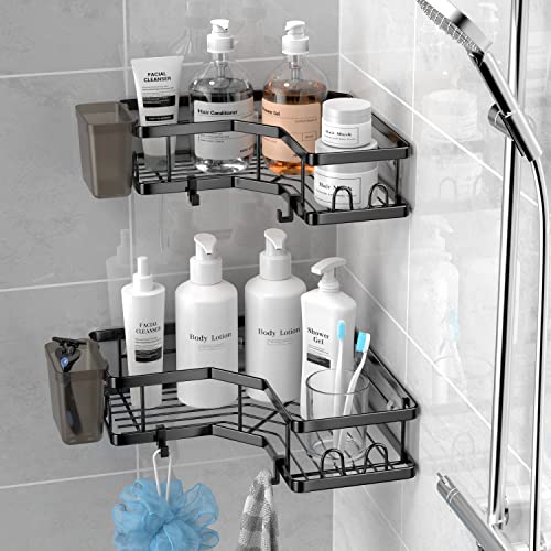 AKTECKE Corner Shower Caddy, 2 Pack Adhesive Shower Corner Organizer Shelves, No Drilling Stainless Steel Shower Storage Rack with Hooks&Toothpaste Holder for Bathroom, Dorm and Kitchen