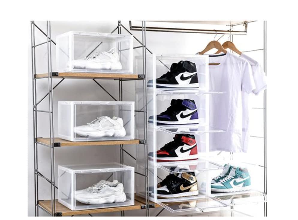 KZK KrazeKickz Storage Shoe Box, Toy/Collector Storage, Clear Plastic Stackable Shoe Organizer for Closet, Space Saving Foldable Shoe Sneaker Containers Bins Holders (Shoe Box White)