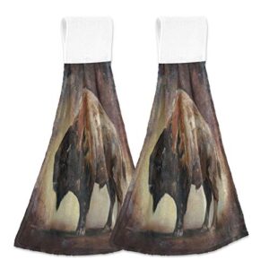 attx set of 2 standing side view bison oil painting hanging tie towels absorbent soft coral velvet kitchen hand towel dish wipe cloth for kitchen bathroom