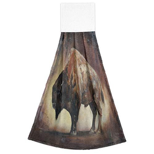 ATTX Set of 2 Standing Side View Bison Oil Painting Hanging Tie Towels Absorbent Soft Coral Velvet Kitchen Hand Towel Dish Wipe Cloth for Kitchen Bathroom