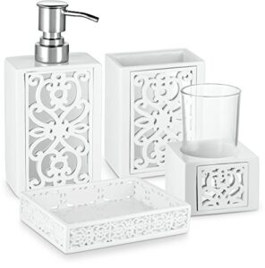creative scents white bathroom accessories set - decorative 4 piece bathroom set - mirrored bathroom accessory set includes: soap dispenser, toothbrush holder, soap dish and tumbler (mirror janette)