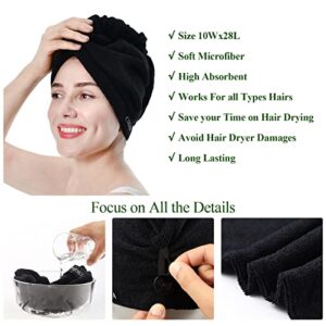 COGANA 2Pack Microfiber Hair Towels, Hair Towel Wrap for Women, Hair Drying Towel with Button, Hair Wrap Towel for Curly Hair, Hair Turban for Wet Hair(10Wx28L, Black)
