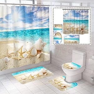 biustar 4 piece beach starfish sun shower curtains sets with non-slip rugs, toilet lid cover and bath mat, bathroom sets with shower curtain and rugs and accessories