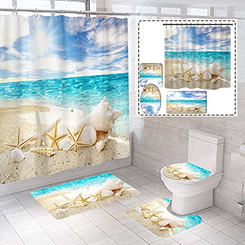 BIUSTAR 4 Piece Beach Starfish Sun Shower Curtains Sets with Non-Slip Rugs, Toilet Lid Cover and Bath Mat, Bathroom Sets with Shower Curtain and Rugs and Accessories