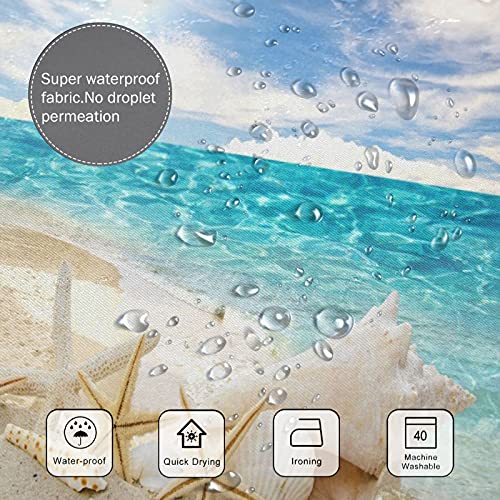 BIUSTAR 4 Piece Beach Starfish Sun Shower Curtains Sets with Non-Slip Rugs, Toilet Lid Cover and Bath Mat, Bathroom Sets with Shower Curtain and Rugs and Accessories