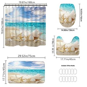 BIUSTAR 4 Piece Beach Starfish Sun Shower Curtains Sets with Non-Slip Rugs, Toilet Lid Cover and Bath Mat, Bathroom Sets with Shower Curtain and Rugs and Accessories