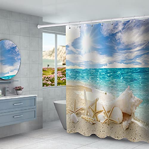 BIUSTAR 4 Piece Beach Starfish Sun Shower Curtains Sets with Non-Slip Rugs, Toilet Lid Cover and Bath Mat, Bathroom Sets with Shower Curtain and Rugs and Accessories