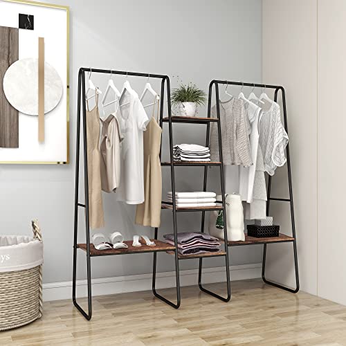 VERFARM Metal Garment Rack, Freestanding Heavy Duty Clothes Rack with 2 Hanger Rod and 6 Shelves for Bedroom Living Room