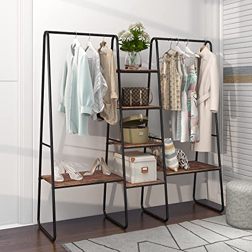 VERFARM Metal Garment Rack, Freestanding Heavy Duty Clothes Rack with 2 Hanger Rod and 6 Shelves for Bedroom Living Room