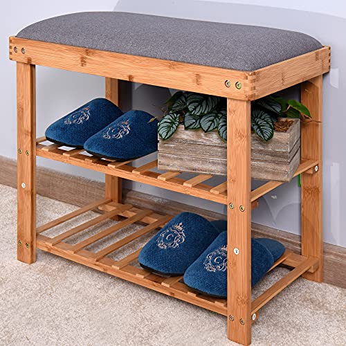 Knocbel 23.6in Bamboo Entryway Cushioned Shoe Bench with Slatted Shelves, 3-Tier Portable Shoes Storage Rack Organizer (Natural)