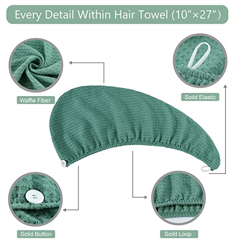 Microfiber Hair Drying Towel - 2Packs Waffle Long Hair Head Turban Wraps Terry Cloth Fast Absorbent Dry Anti Frizz Twist Plopping Curly Shower Turban for Women Wet Hair (Green)