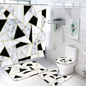 marble bathroom set, durable waterproof black and white and gold shower curtain set with non-slip rugs and toilet lid cover, 1 shower curtain (12 hooks), 3 toilet mat & lid cover