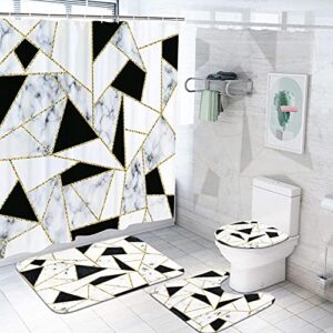 Marble Bathroom Set, Durable Waterproof Black and White and Gold Shower Curtain Set with Non-Slip Rugs and Toilet Lid Cover, 1 Shower Curtain (12 Hooks), 3 Toilet Mat & Lid Cover