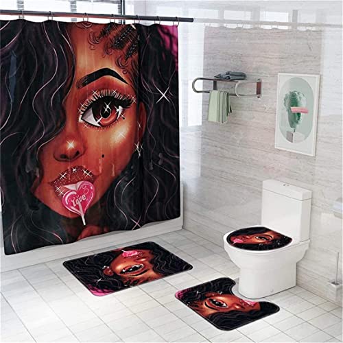 Byitre 4PCS Shower Curtain Set with Rugs,Toilet Lid Cover and U-Shaped Mat,African American Shower Curtains for Bathroom Waterproof Polyester Black Women Bathroom Sets, 71'' x 71''