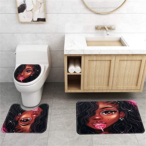 Byitre 4PCS Shower Curtain Set with Rugs,Toilet Lid Cover and U-Shaped Mat,African American Shower Curtains for Bathroom Waterproof Polyester Black Women Bathroom Sets, 71'' x 71''