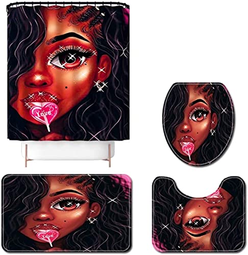 Byitre 4PCS Shower Curtain Set with Rugs,Toilet Lid Cover and U-Shaped Mat,African American Shower Curtains for Bathroom Waterproof Polyester Black Women Bathroom Sets, 71'' x 71''