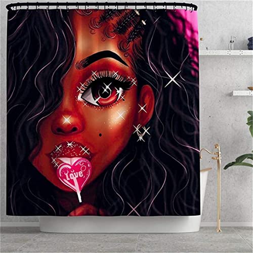 Byitre 4PCS Shower Curtain Set with Rugs,Toilet Lid Cover and U-Shaped Mat,African American Shower Curtains for Bathroom Waterproof Polyester Black Women Bathroom Sets, 71'' x 71''