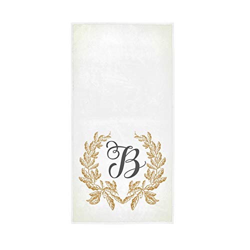 Oreayn Monogrammed Hand Towel for Bathroom Kitchen Polyester and Cotton 30 x 15 inch Soft and Absorbent, Gold Leaves Wreath, Monogram Letter B