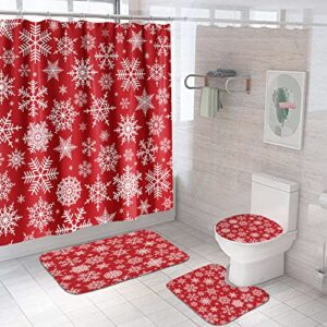 griekowe 4 pcs shower curtain set christmas snowflake red winter xmas with non-slip rugs toilet lid cover and bath mat bathroom decor set, screen full of small snowflakes 72" x 72" in