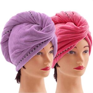 2 pack microfiber hair towel wrap, quick dry hair hat anti-frizz fasten head turban with button for long thick & curly hair, super absorbent soft - (purple & red)