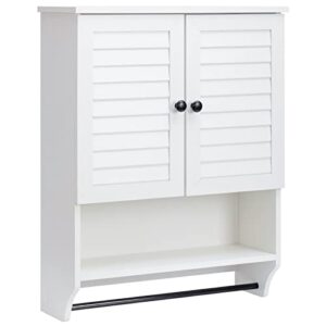 alimorden wood wall storage cabinet with double shutter doors, white bathroom medicine cabinet with towel bar, white