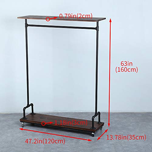 SUJIN Industrial Pipe Clothing Rack Wood Clothing Racks on Wheels, Retail Clothes Rack with Wheels Vintage Garment Rack with Shelves,Rolling Racks for Hanging Clothes Rustic Heavy Duty Clothes Rack