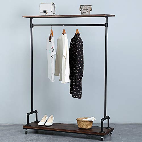 SUJIN Industrial Pipe Clothing Rack Wood Clothing Racks on Wheels, Retail Clothes Rack with Wheels Vintage Garment Rack with Shelves,Rolling Racks for Hanging Clothes Rustic Heavy Duty Clothes Rack