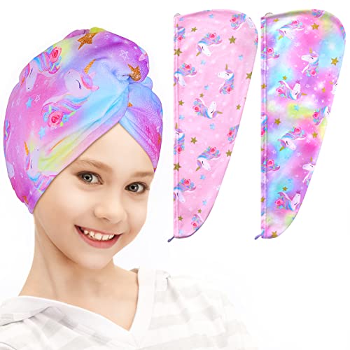 FIOBEE Microfiber Hair Towel Wrap for Kid Rapid Drying Towel Absorbent Hair Turbans for Wet Hair with Button Women Girls Long Curly Hair Pack of 2, Pink