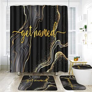 acxzorpv 4 pcs get named black marble shower curtain and rugs set bathroom sets with bath mat waterproof bathroom curtain with 12 hooks (black)
