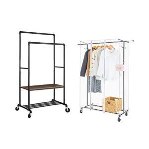 greenstell heavy duty 2 shelf rolling clothes rack industrial pipe style garment rack + garment rack with pvc cover on wheels, strong and durable, used for indoor/outdoor, living room, bathroom