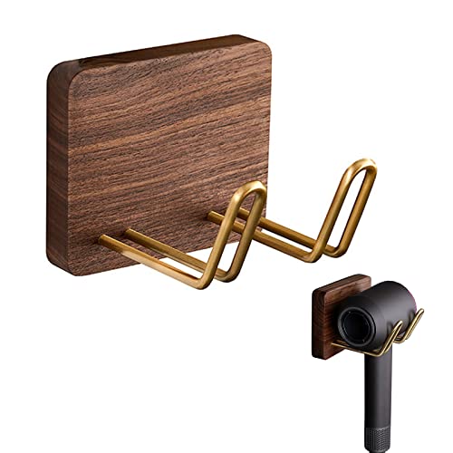 yeshine Hair Dryer Holder Wall Mounted, Solid Black Walnut Wooden Blow Dryer Holder, Pure Brass Hooks, Bathroom Hair Dryer Stand, Compatible with Most Hair Dryers, 10 x 12 x 12 cm