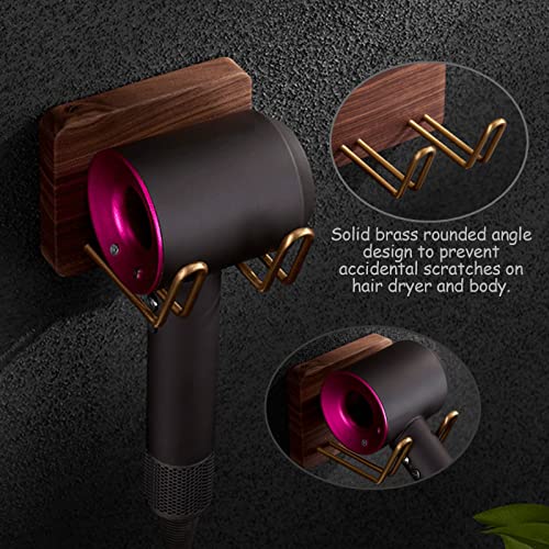 yeshine Hair Dryer Holder Wall Mounted, Solid Black Walnut Wooden Blow Dryer Holder, Pure Brass Hooks, Bathroom Hair Dryer Stand, Compatible with Most Hair Dryers, 10 x 12 x 12 cm