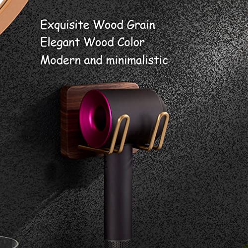 yeshine Hair Dryer Holder Wall Mounted, Solid Black Walnut Wooden Blow Dryer Holder, Pure Brass Hooks, Bathroom Hair Dryer Stand, Compatible with Most Hair Dryers, 10 x 12 x 12 cm