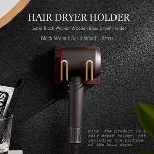 yeshine Hair Dryer Holder Wall Mounted, Solid Black Walnut Wooden Blow Dryer Holder, Pure Brass Hooks, Bathroom Hair Dryer Stand, Compatible with Most Hair Dryers, 10 x 12 x 12 cm