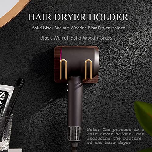 yeshine Hair Dryer Holder Wall Mounted, Solid Black Walnut Wooden Blow Dryer Holder, Pure Brass Hooks, Bathroom Hair Dryer Stand, Compatible with Most Hair Dryers, 10 x 12 x 12 cm