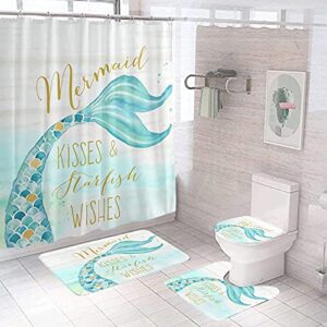 4 piece be a mermaid and make waves kisses wishes tail shower curtain set with 12 hooks non-slip rugs toilet lid cover bath mat complete bathroom accessories decor