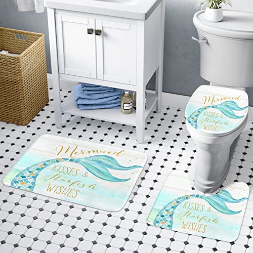 4 Piece Be a Mermaid and Make Waves Kisses Wishes Tail Shower Curtain Set with 12 Hooks Non-Slip Rugs Toilet Lid Cover Bath Mat Complete Bathroom Accessories Decor