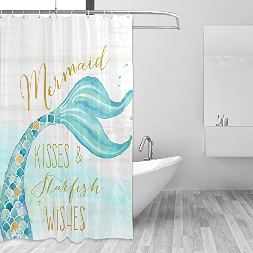 4 Piece Be a Mermaid and Make Waves Kisses Wishes Tail Shower Curtain Set with 12 Hooks Non-Slip Rugs Toilet Lid Cover Bath Mat Complete Bathroom Accessories Decor