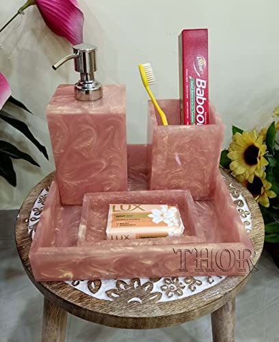 Stylish Baby Pink Bathroom Set for Luxury Bathrooms/Soap Dispenser/Tooth Brush Holder/and Soap Dish and Towel Tray/Set of 4 Rustic Vintage Home Decor Gifts