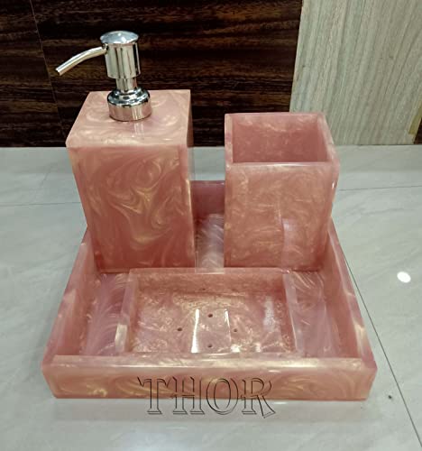 Stylish Baby Pink Bathroom Set for Luxury Bathrooms/Soap Dispenser/Tooth Brush Holder/and Soap Dish and Towel Tray/Set of 4 Rustic Vintage Home Decor Gifts