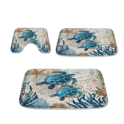 Final Friday Nautical Sea Turtles Blue Ocean Beach Bathroom Rugs and Mats Sets 3 Piece, Memory Foam Bath Mat, U-Shaped Contour Shower Mat Non Slip Absorbent, Velvet Washable 20 x 31 inch