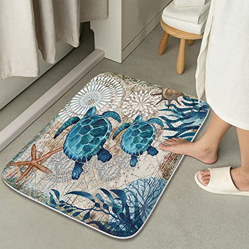 Final Friday Nautical Sea Turtles Blue Ocean Beach Bathroom Rugs and Mats Sets 3 Piece, Memory Foam Bath Mat, U-Shaped Contour Shower Mat Non Slip Absorbent, Velvet Washable 20 x 31 inch